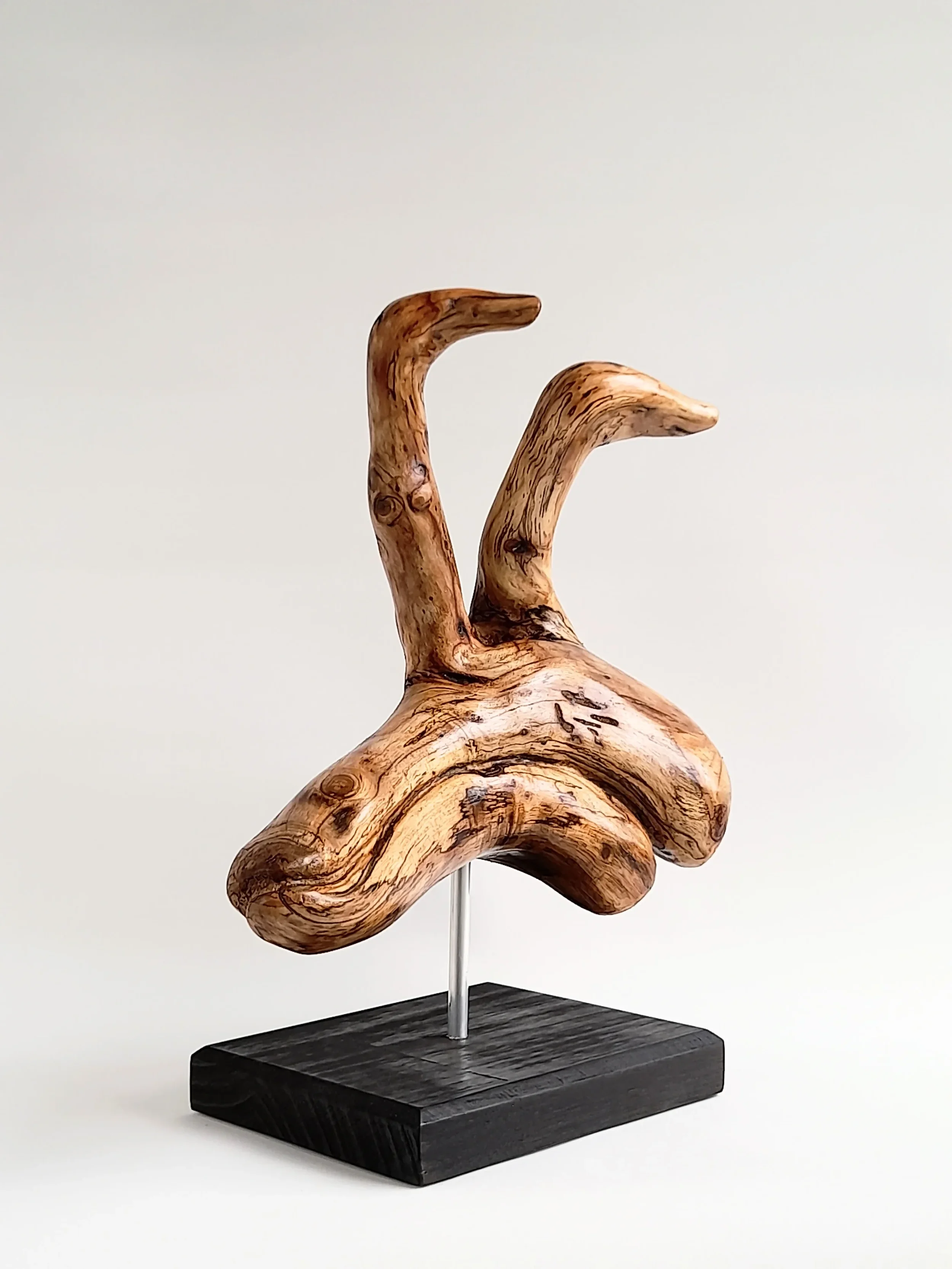 Abstract Golden Sassafras wood sculpture depicting birds surfing on dolphins on a black pedestal titled Pacific Riders.