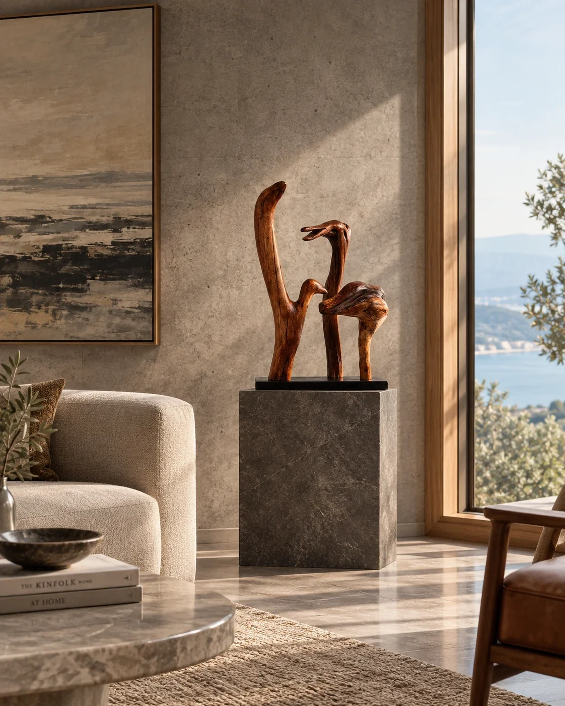 Group of three distinct hand-carved wood bird sculptures on a single marble pedestal living room titled Harmonious Diversity.