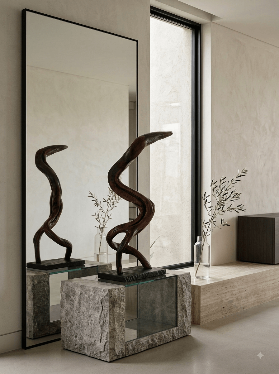 The 'Firebird' blackwood sculpture by Ole Jensen, displayed in a minimal contemporary foyer on a Pietra Grey marble and glass plinth, with a mirror directly behind showing its reflected form.
