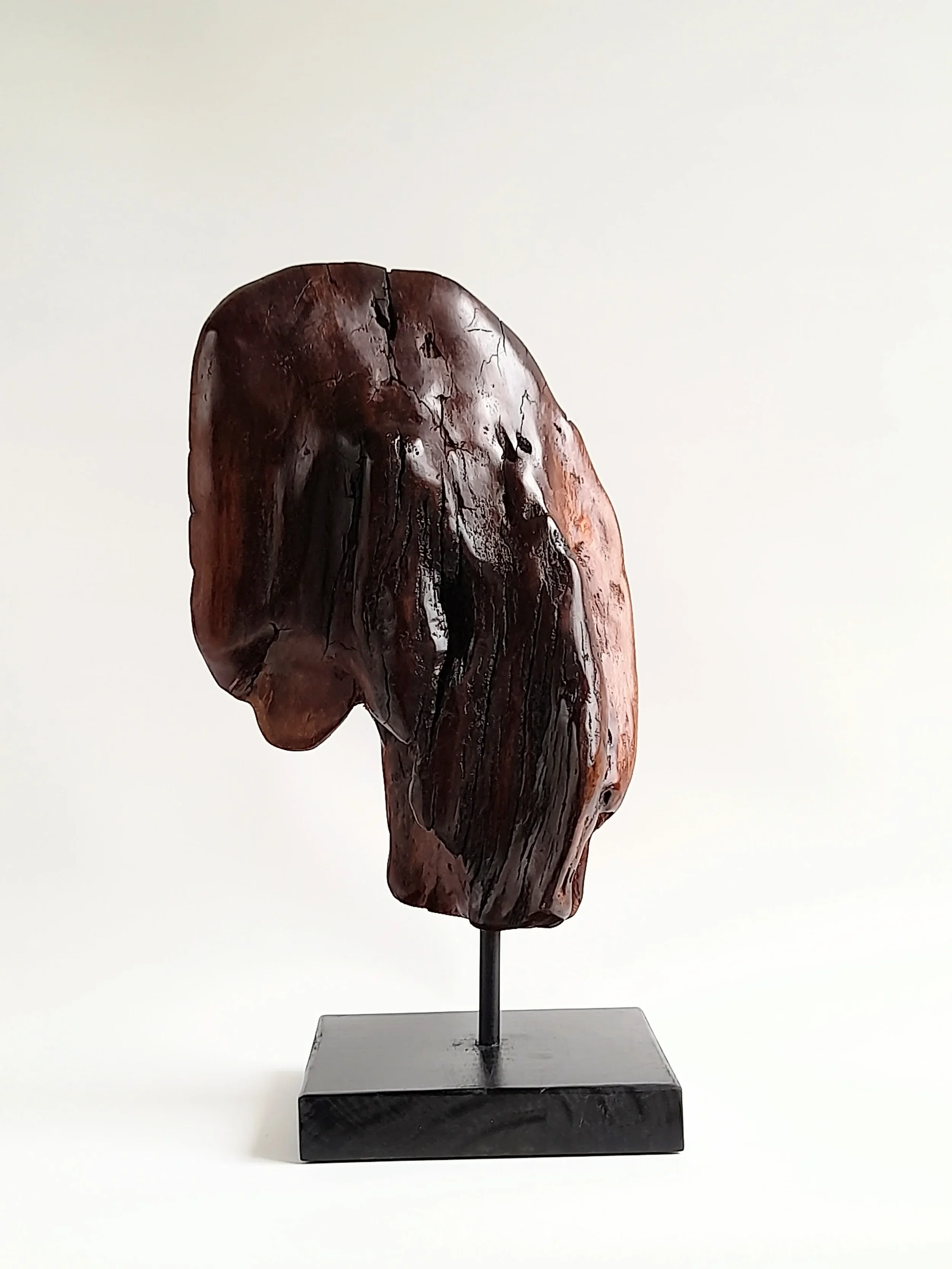 Dual-sided hand-carved dark Brushbox wood head sculpture with natural weathered details on a black stand titled Weathered Soul.