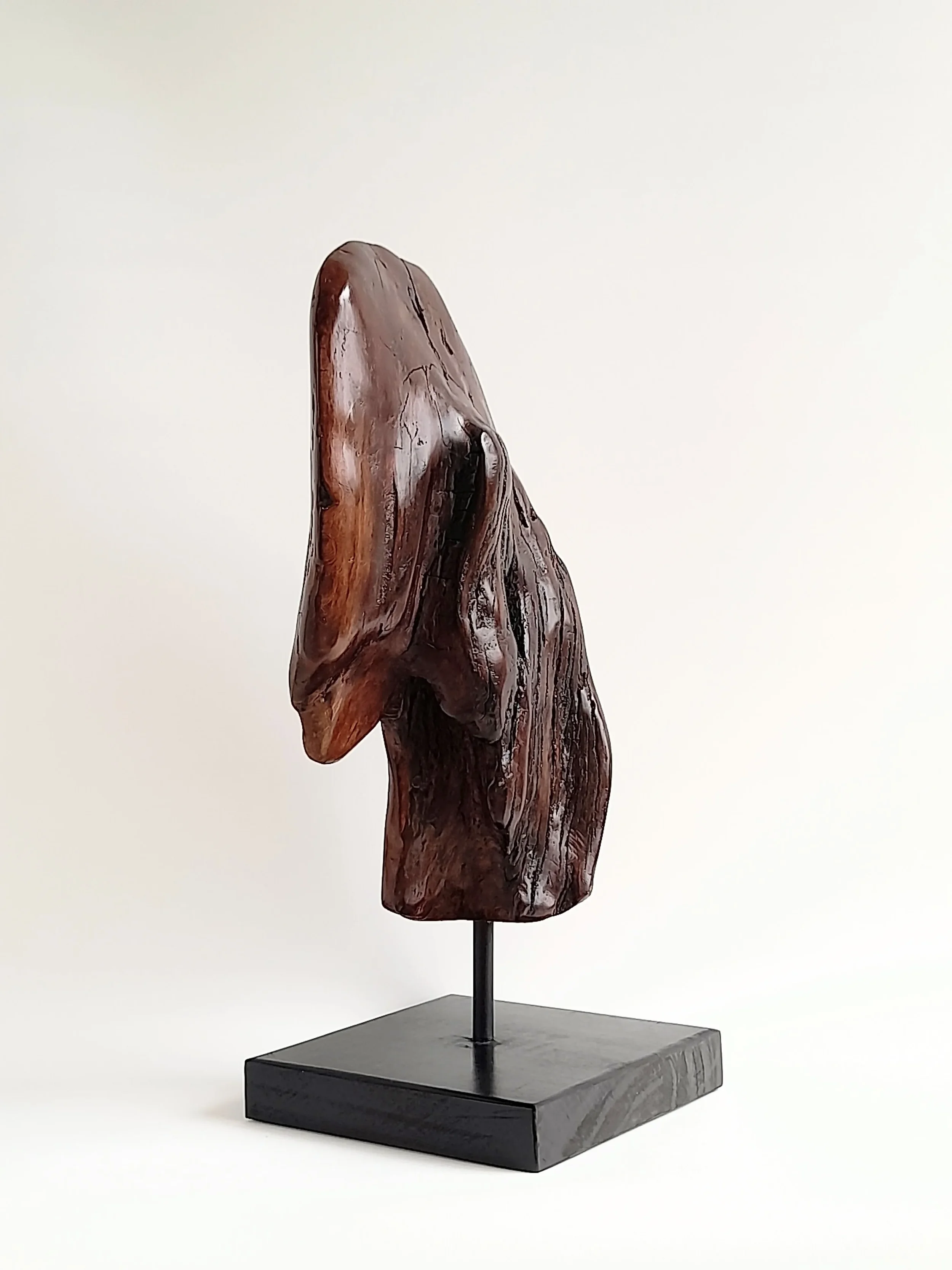 Dual-sided hand-carved dark Brushbox wood head sculpture with natural weathered details on a black stand titled Weathered Soul.