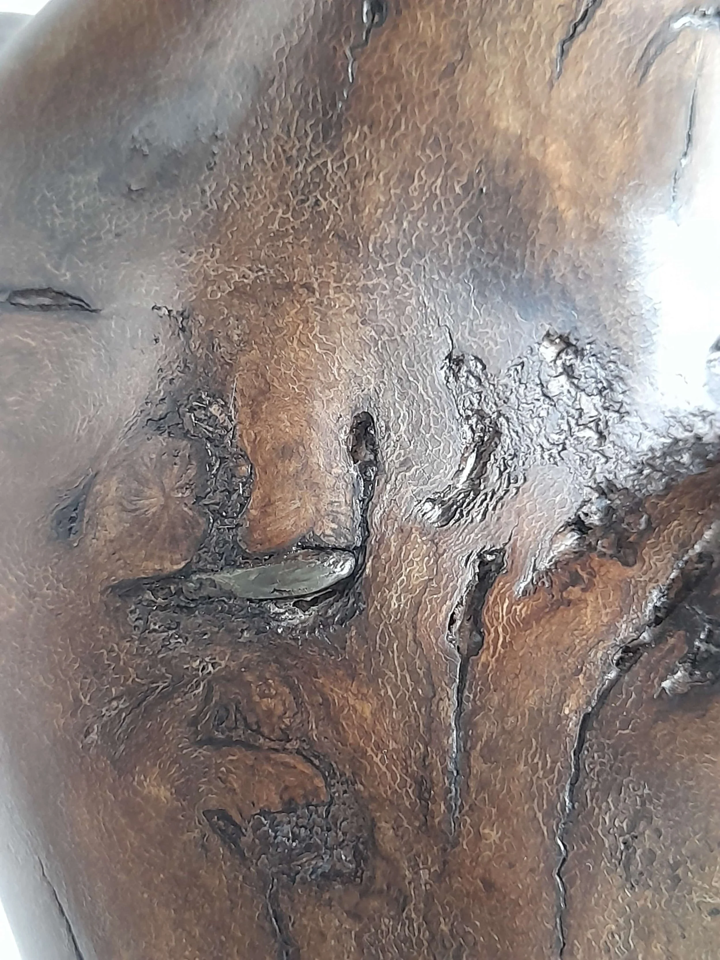 Close up of Alien Dancer showing embedded stone wooden sculpture by Ole Jensen