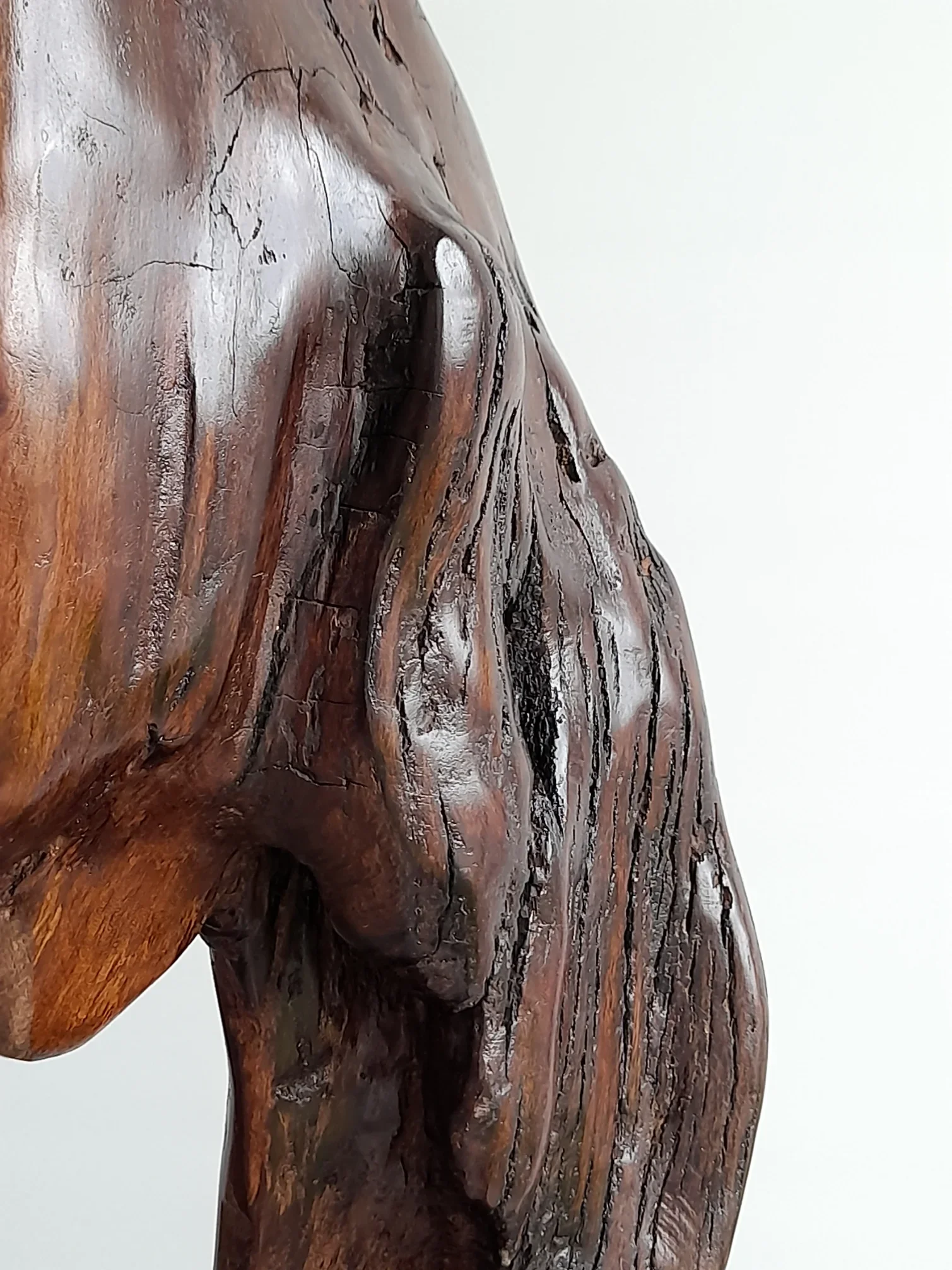 Close-up of dual-sided hand-carved dark Brushbox wood head sculpture with natural weathered details on a black stand titled Weathered Soul.