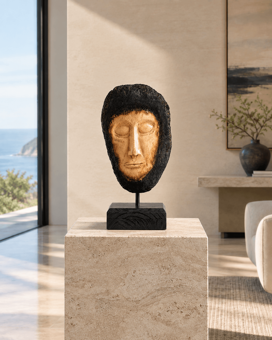 Hand-carved pale wooden face sculpture framed by charred dark timber on a black pedestal titled Beyond the Char in a luxury home interior.