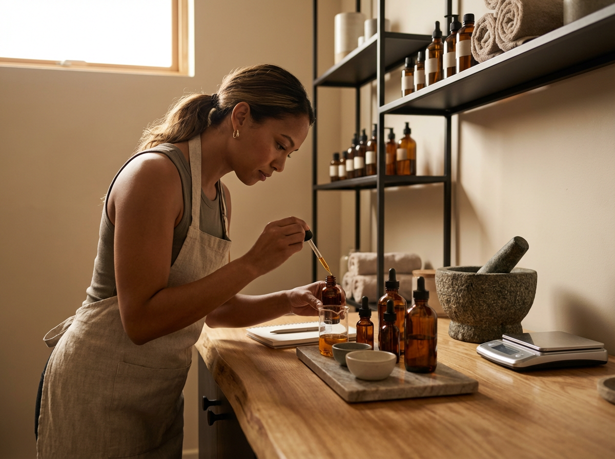 A woman in a beige apron working with essential oils in a wellness or aromatherapy setting, using a dropper to transfer liquid into a small glass container, with bottles, bowls, a mortar and pestle, and a scale on a wooden table.
