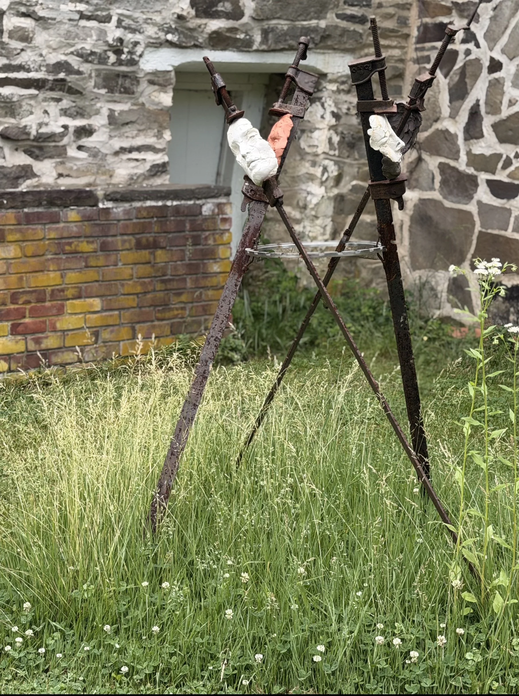 The Tribunal, outdoor sculpture by New York sculptor Aleksandra Scepanovic featuring reclaimed industrial steel and fired clay figures. Exterior in situ