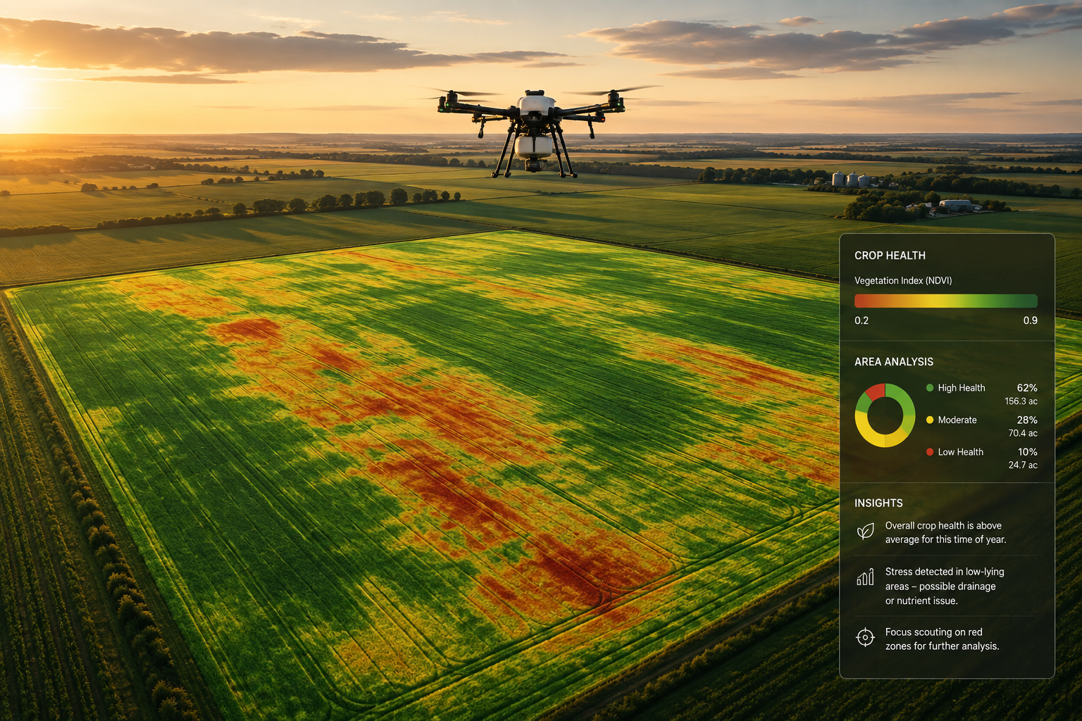 Agricultural drone crop health imagery identifying variability and crop stress.