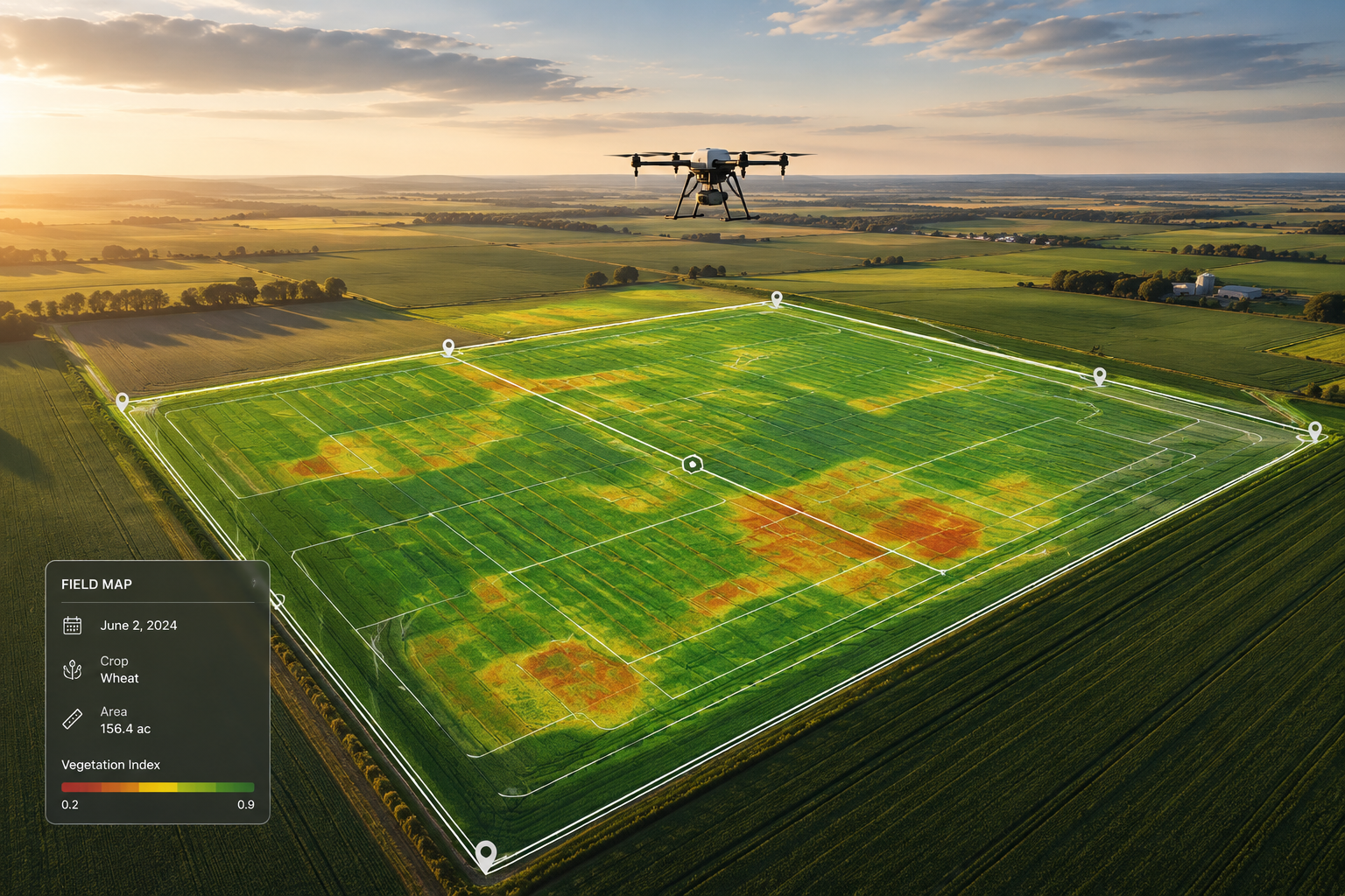 Drone field mapping showing crop health and field variability data.