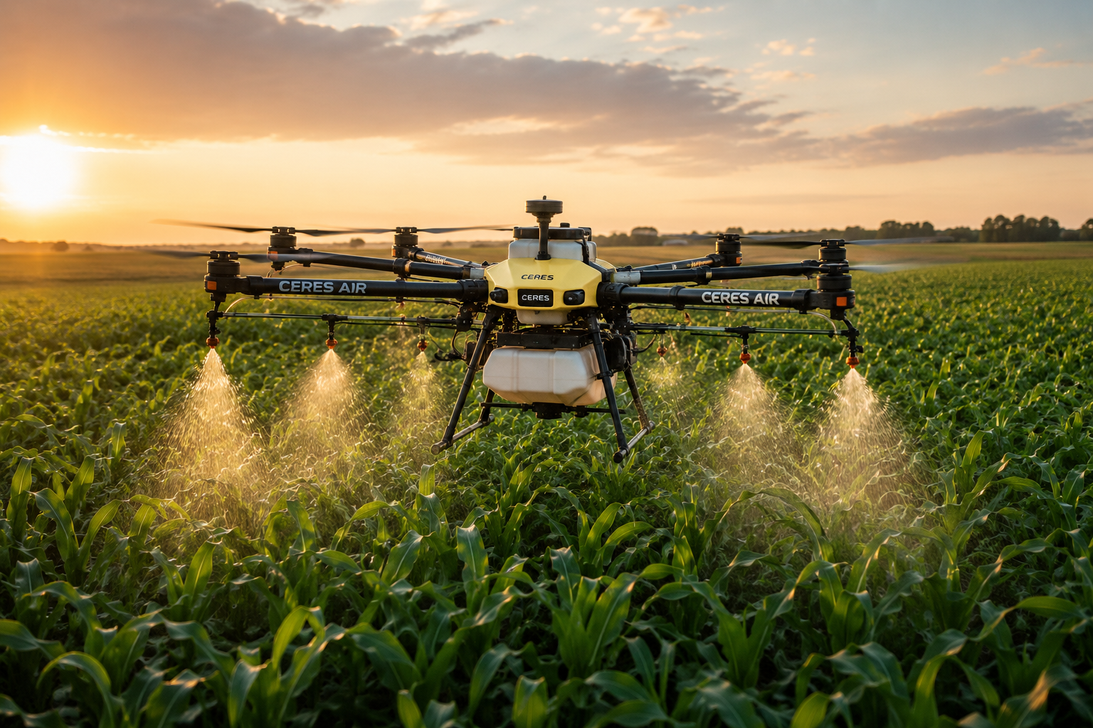 Agricultural drone applying crop treatment over an Alberta farm field.