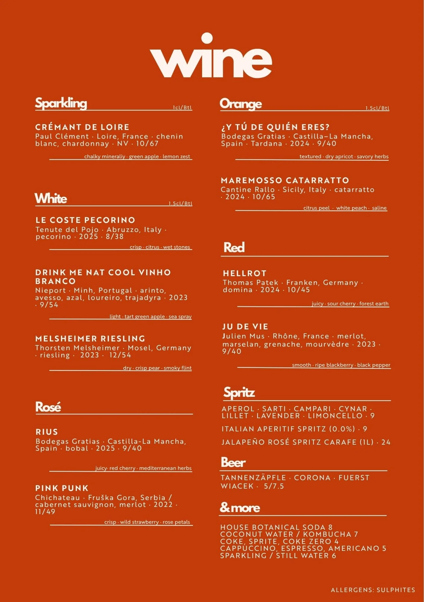 Wine menu for Jane & the Jam