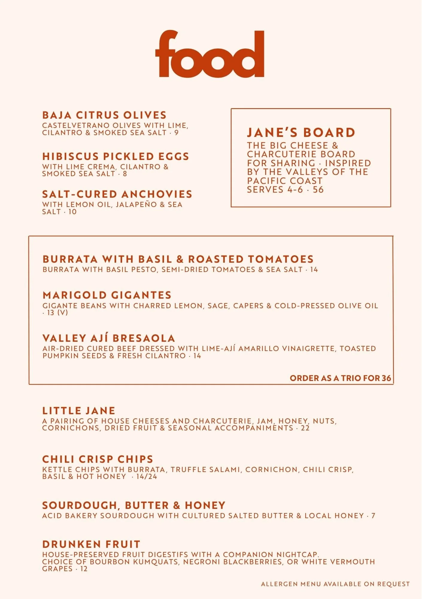 Food menu for Jane & the Jam