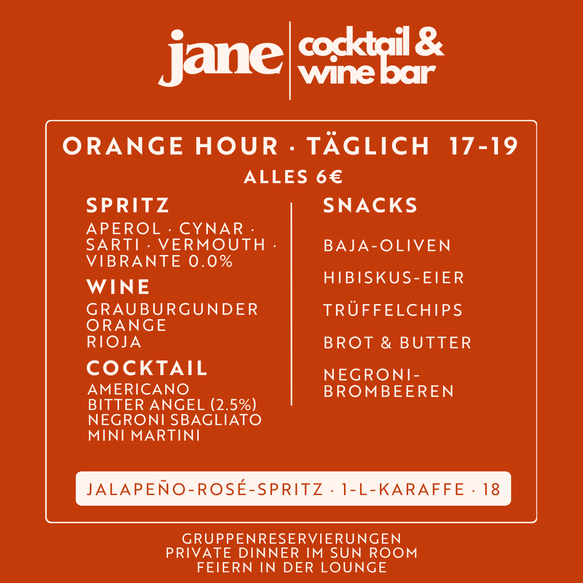 JAne & the Jam Orange Hour Happy Hour Menu 6 euro cocktails - german