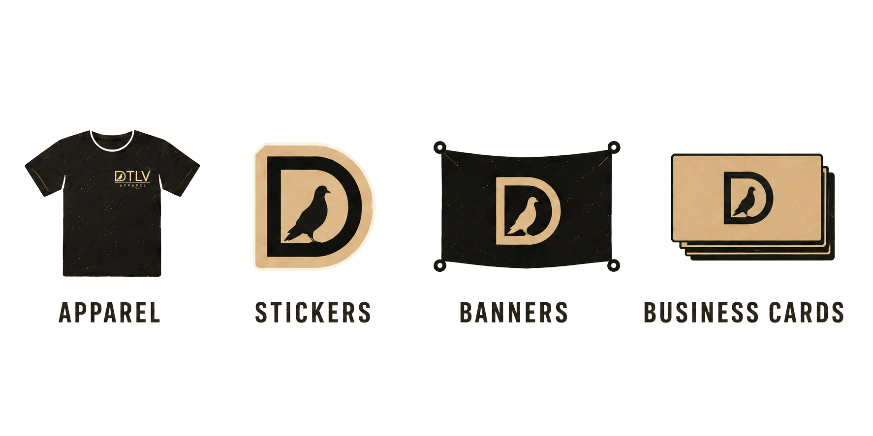Graphic displaying a black t-shirt with gold specks and 'DTLV Apparel Co.' logo, two signs with bird logos and letters 'D' and 'L', a black banner with bird logos and the letter 'D', and a stack of business cards with a bird logo and 'D'.