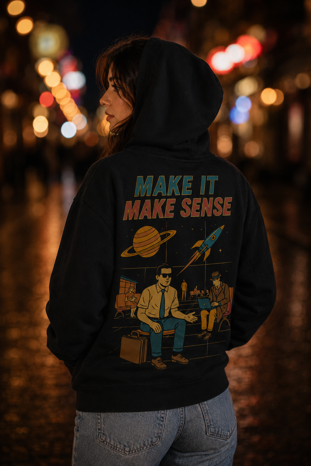 A person with dark hair wearing a black hoodie that reads 'Make It Make Sense' on the back, standing on a city street at night with blurred colorful lights in the background.