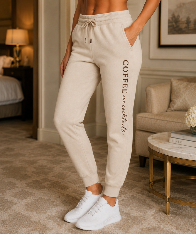 Person wearing beige sweatpants with the words 'Coffee and Cookies' written on the leg, white sneakers, in a cozy living room.