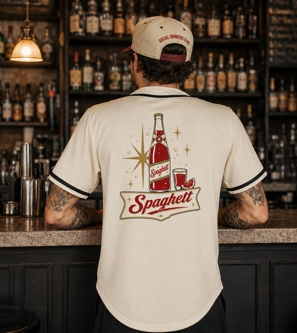 A man with tattoos on his arms stands at a bar counter, facing away from the camera. He is wearing a beige baseball cap and a cream-colored vintage-style shirt with black trim. The bar has shelves filled with various liquor bottles and a warm, ambient lighting.