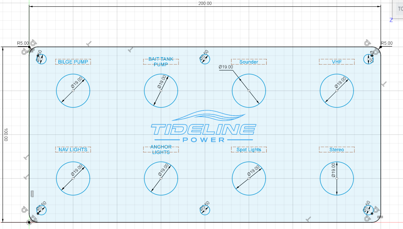 Blueprint layout of a boat's electronic equipment panel with labeled circular cutouts for devices such as bilge pump, bait tank pump, sounder, VHF, nav lights, anchor lights, spot lights, and stereo, along with a central logo that reads 'TIDELINE POW