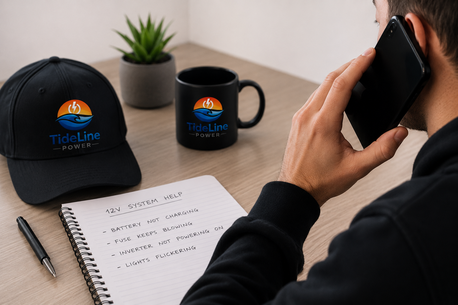 A man on a phone at a desk with a TideLine Power hat, mug, and a notebook with troubleshooting notes for 12V system issues.