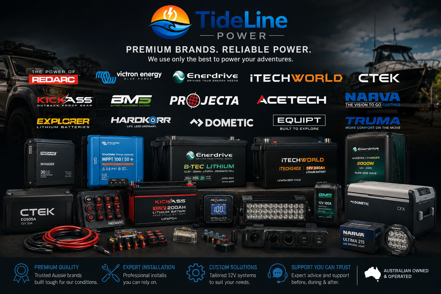 A promotional display of various batteries, power components, and accessories from TideLine Power, with logos from brands like Redarc, Victron Energy, and Enerdrive, set against a dark background featuring boats and vehicles.