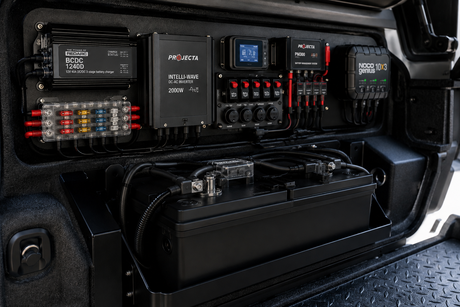 Custom 12V electrical system installed in a touring vehicle featuring lithium battery, inverter, DC charger, fuse protection and power management components.