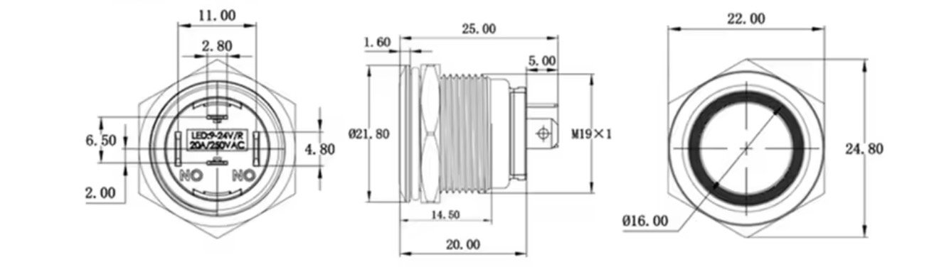 Technical specifications and dimensions for a waterproof 12V electrical switch designed for 4WD, caravan, camper trailer and marine electrical systems.