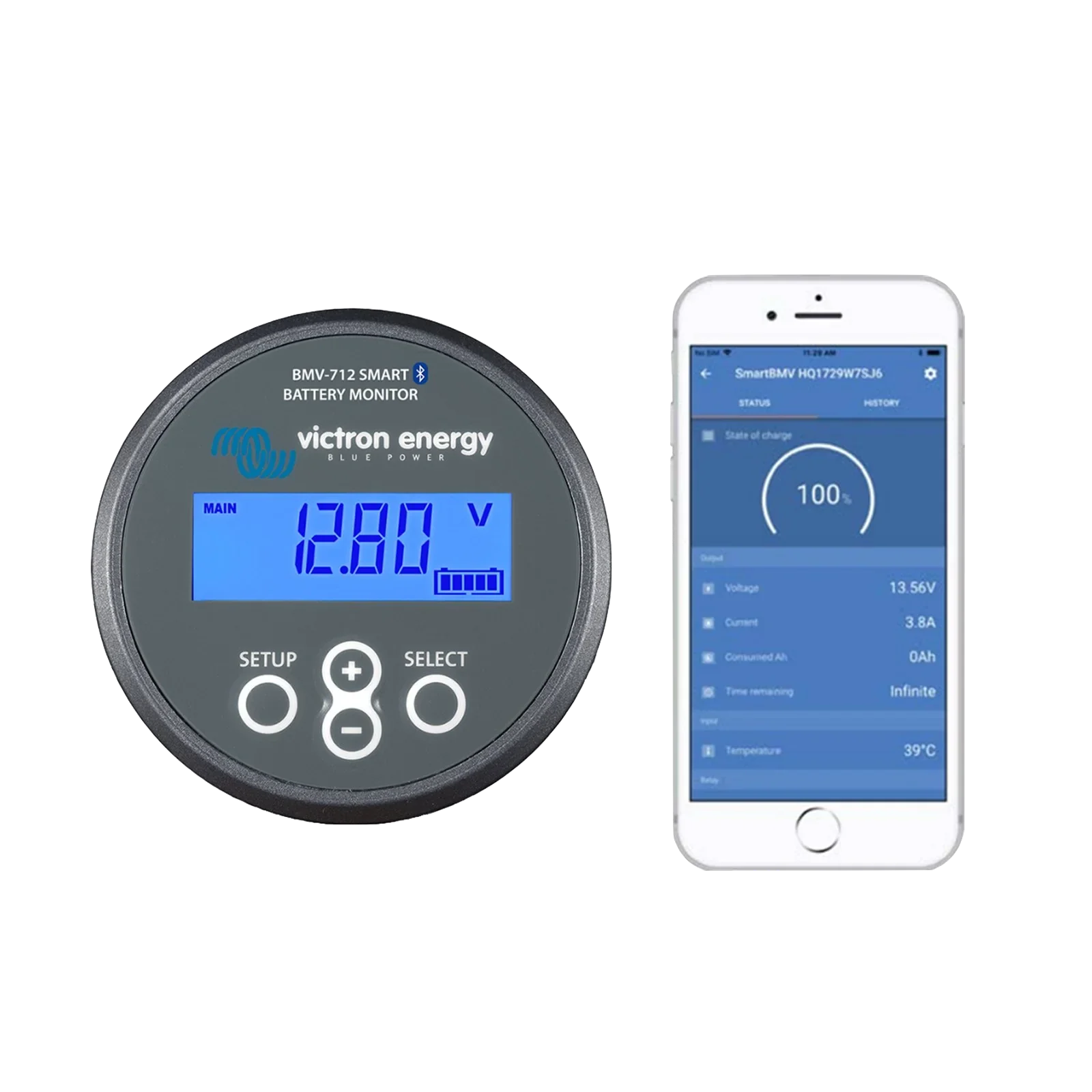 Smart 12V battery monitor displaying voltage and battery status for lithium battery systems in 4WDs, caravans and boats.