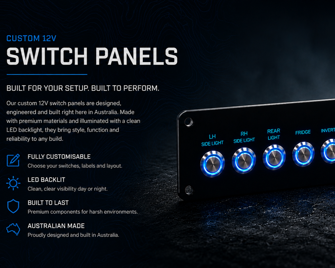 Custom 12V switch panel with engraved backlit labels for 4WD, caravan and marine electrical systems.