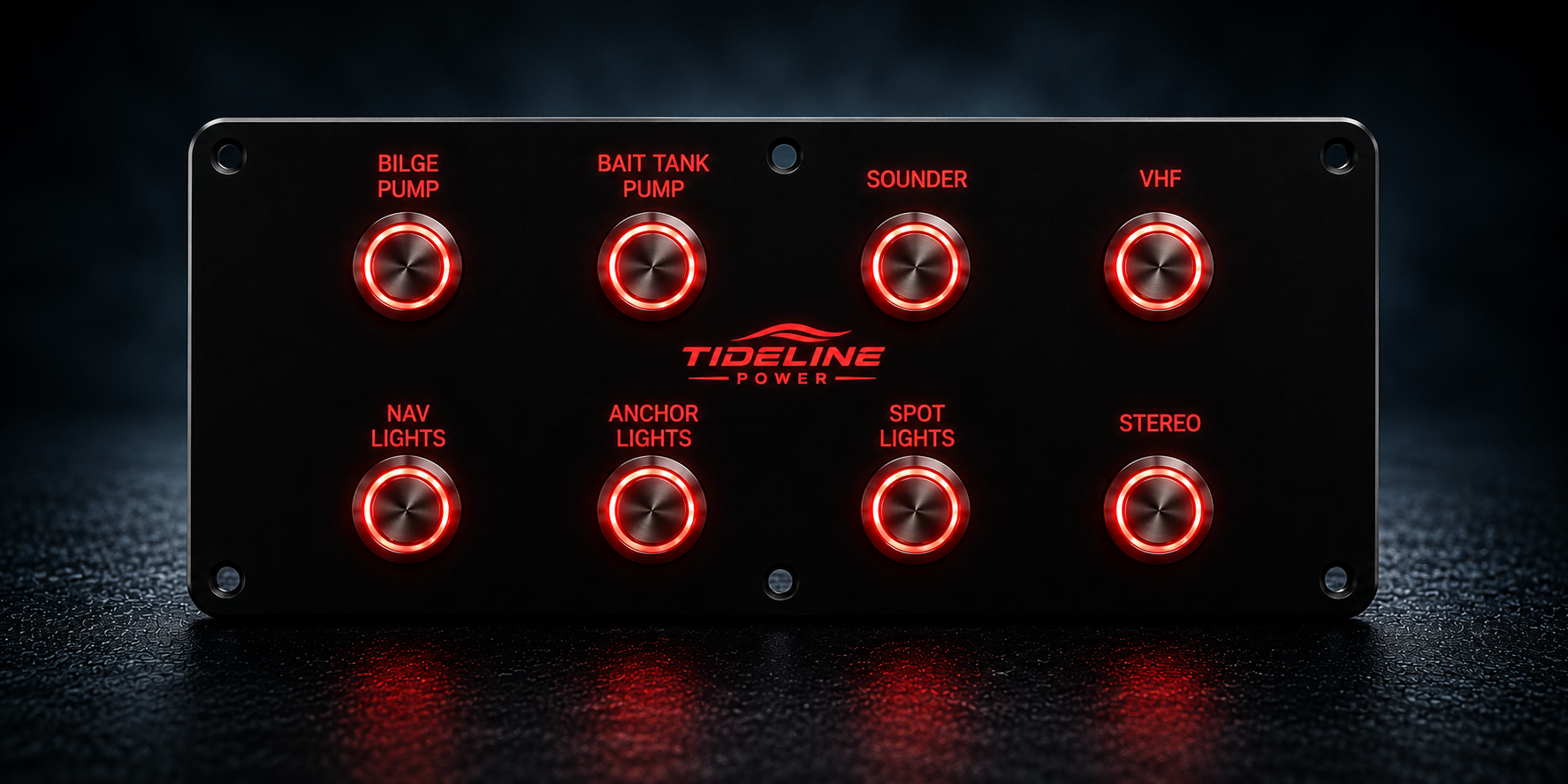 A black custom 12V panel with red illuminated buttons and labels related to boat or ship operations, including bilge pump, bait tank pump, sounder, VHF, navigation lights, anchor lights, spotlights, and stereo, with a logo reading 'Tideline Power' 