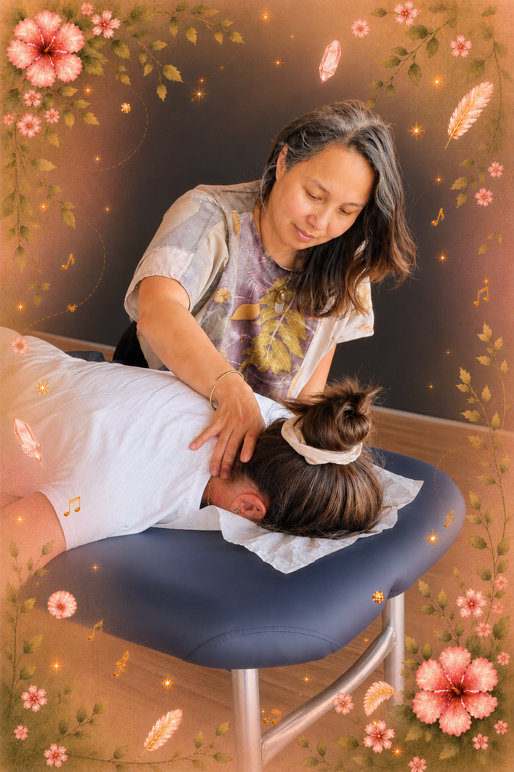 A woman receiving a spinal flow, massage treatment on her back from a massage therapist in a room decorated with digital floral and magical vibrations and healing spa room.