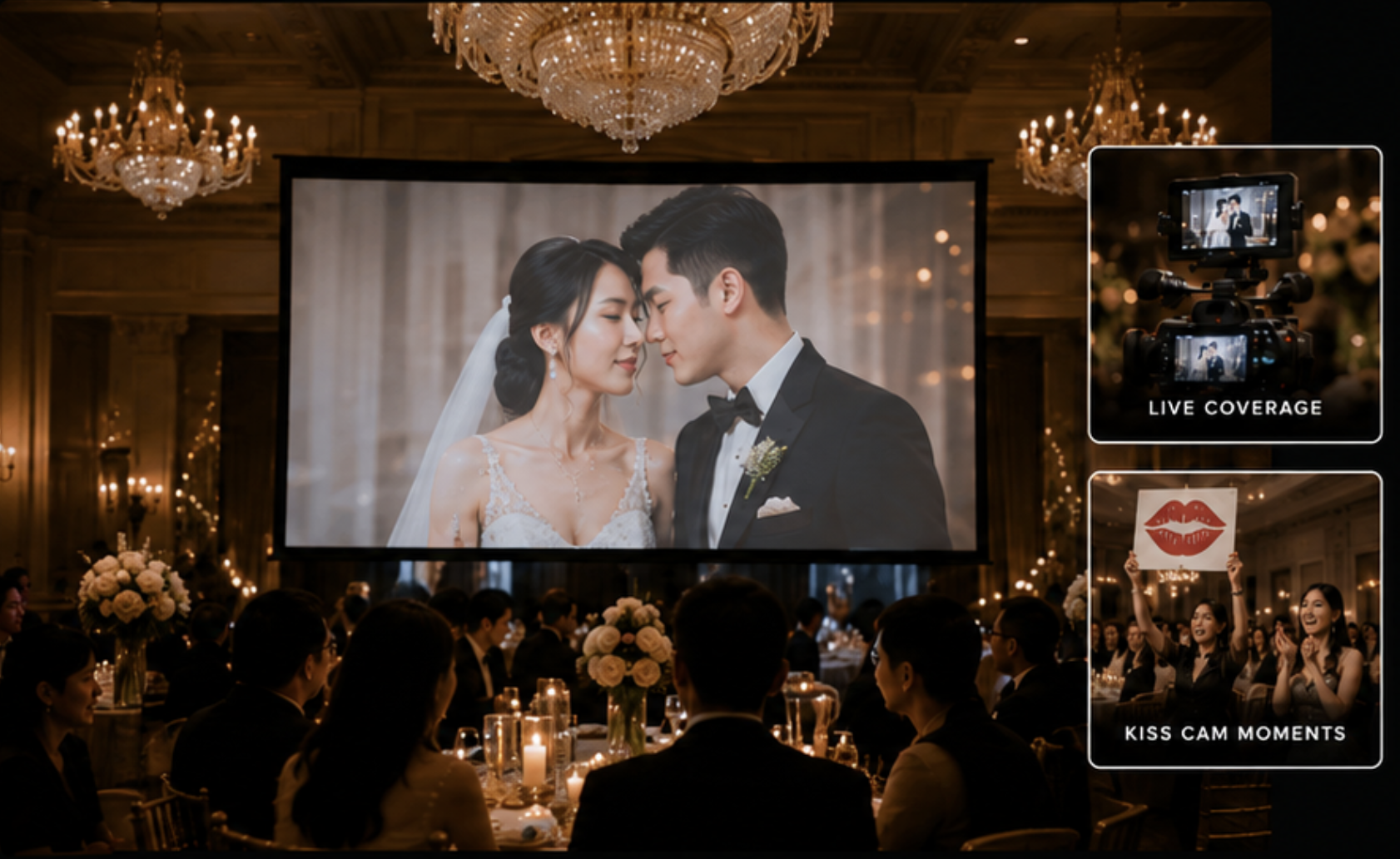 Julius Ng Photography -Multi-camera wedding live feed and interactive Kiss Cam displayed on a ballroom screen in Johor Bahru