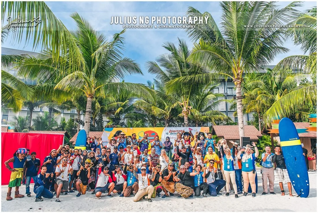 Group photo during the Adventure Waterpark Desaru Coast 1st Anniversary celebration, captured by Julius Ng Photography.