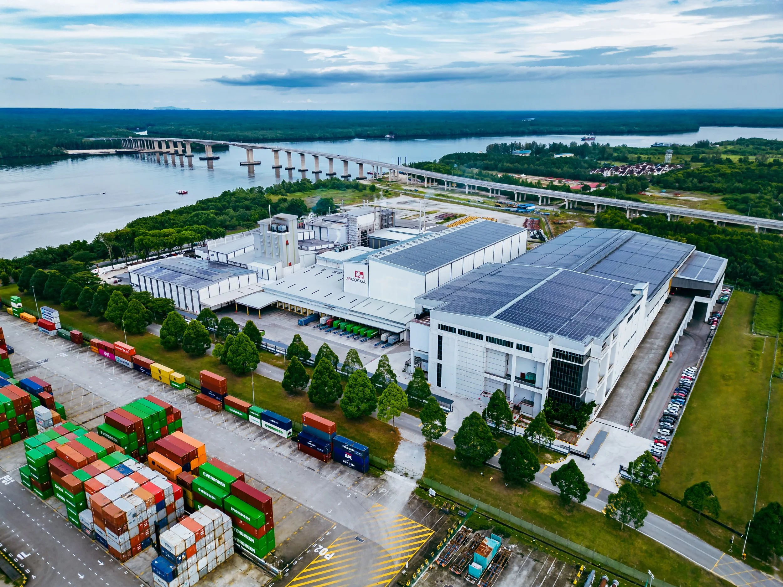 Aerial photography of the JB Cocoa manufacturing facility in Johor