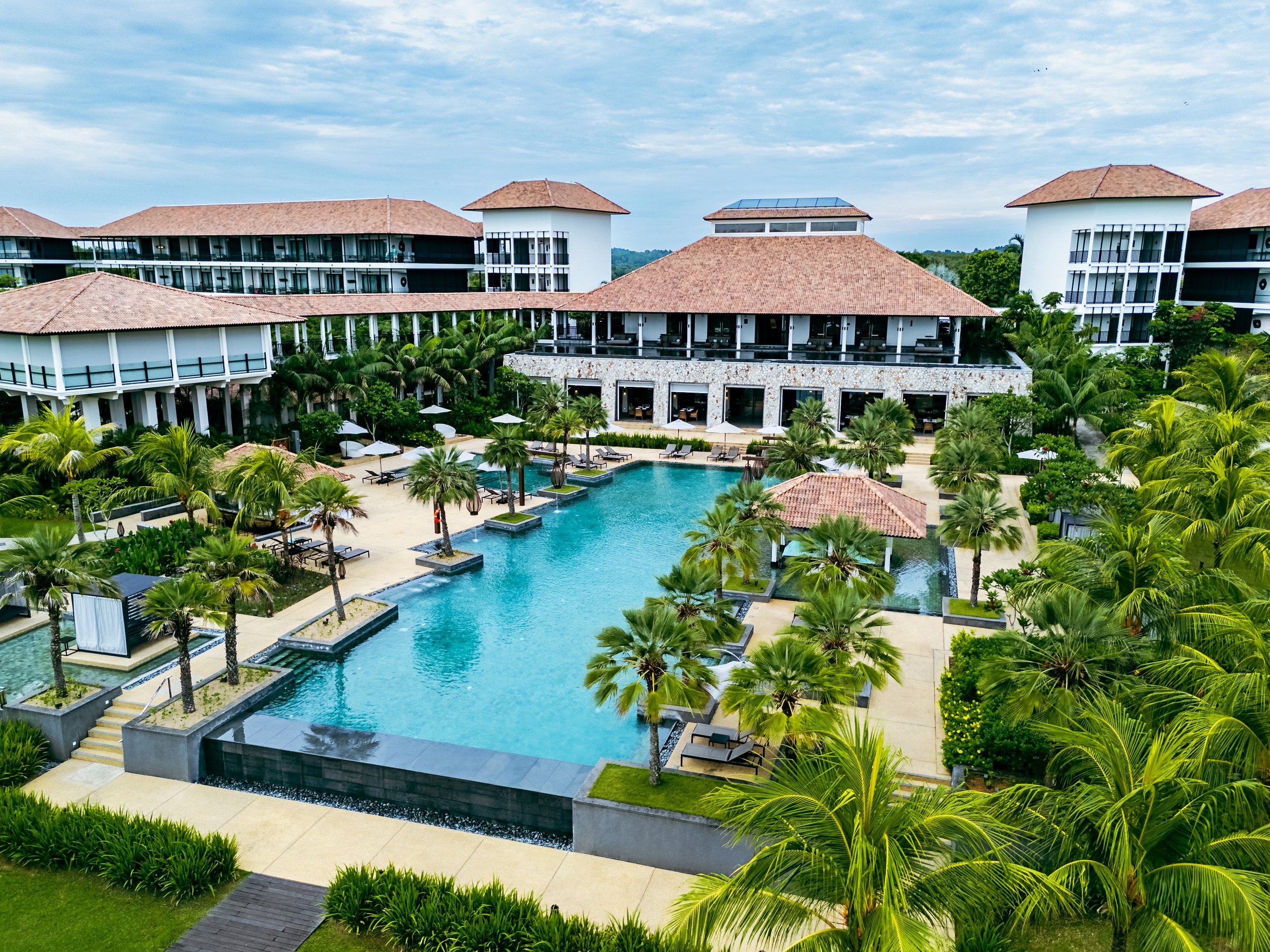 Aerial view of Anantara Desaru Coast Resort showing the swimming pool and resort facilities