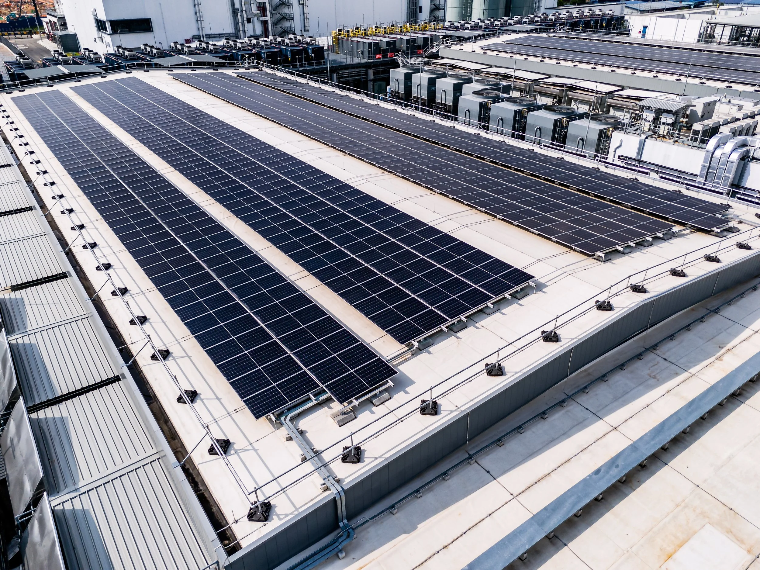 Aerial view of rooftop solar panels at an AirTrunk data centre in Johor