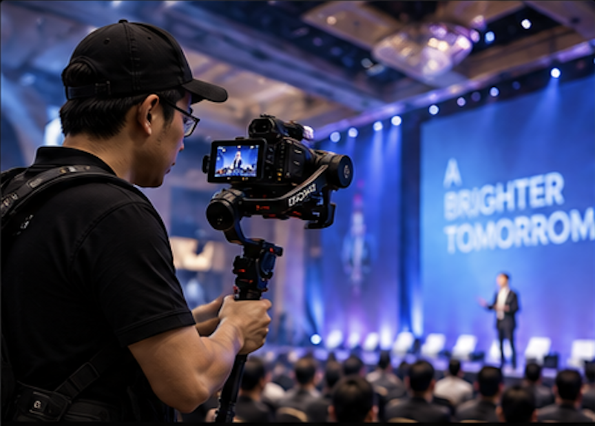 Professional videographer filming a corporate conference in Johor Bahru
