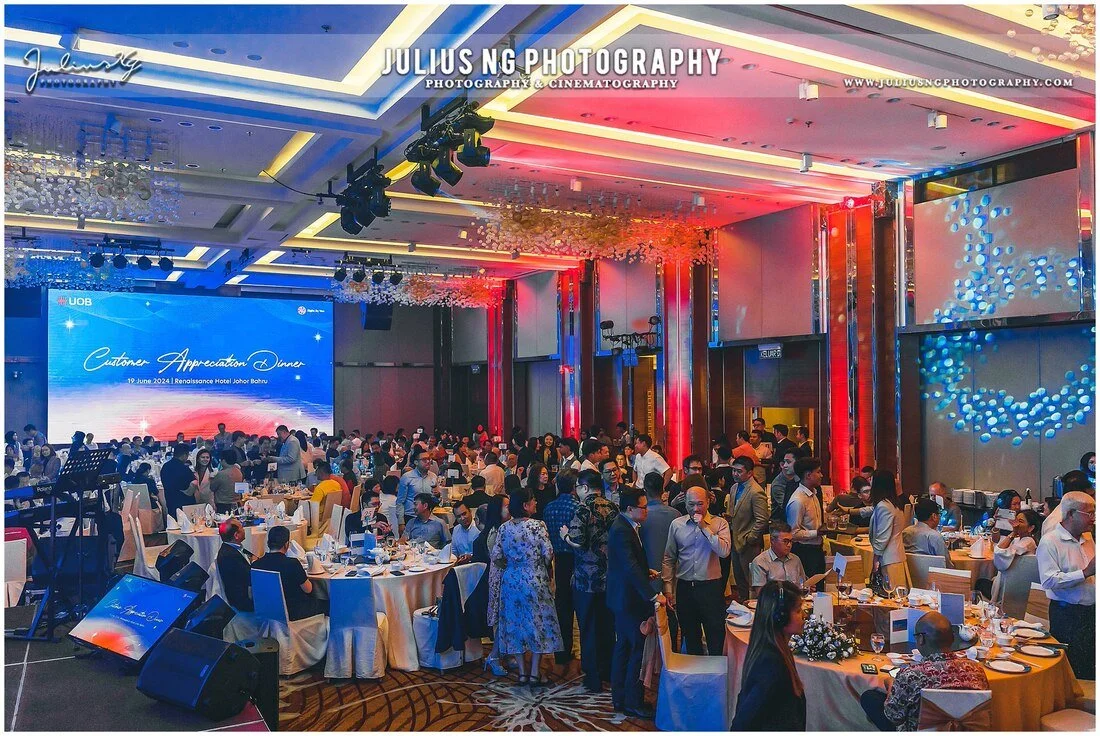UOB Customer Appreciation Dinner photography at Renaissance Johor Bahru Hotel with stage and guests.