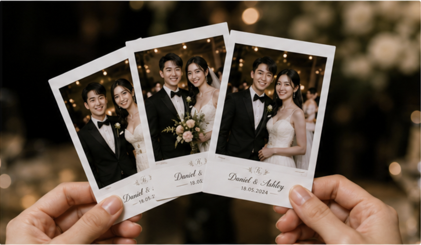 Personalised 4R instant photo prints for wedding guests by Julius Ng Photography