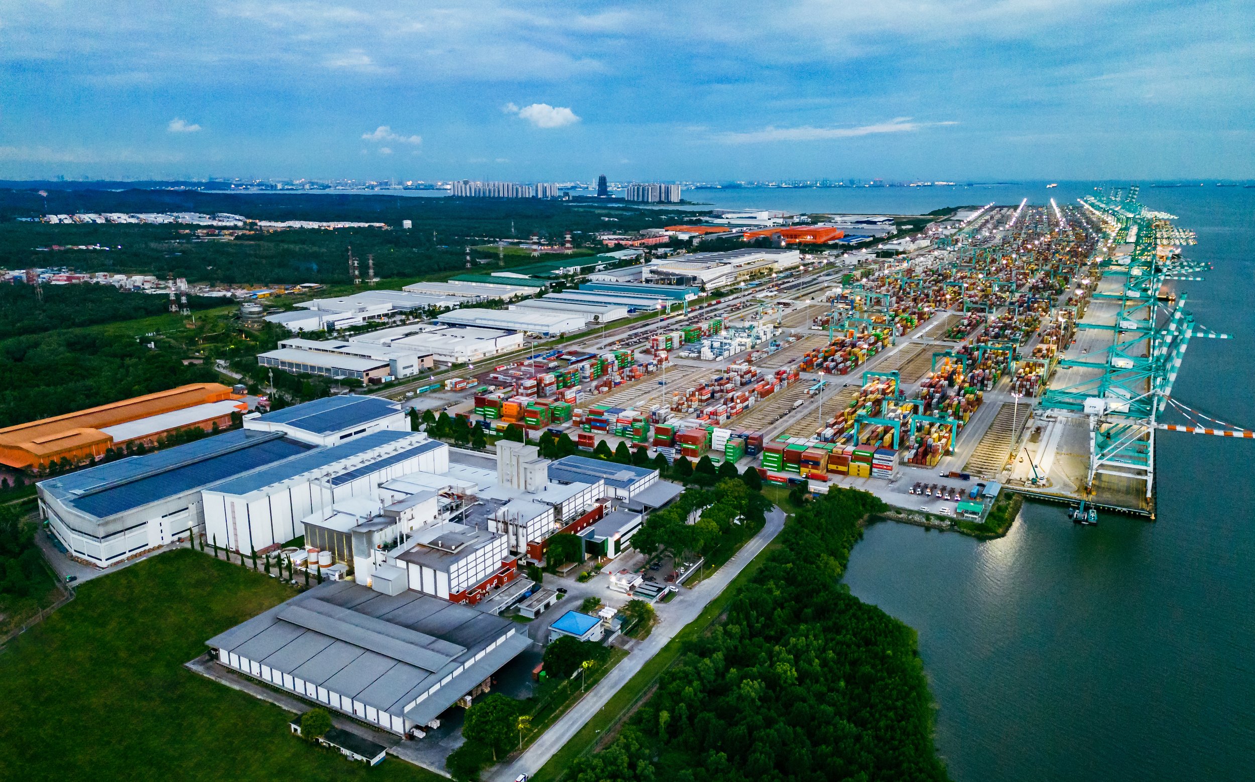 Aerial view of the JB Cocoa factory and surrounding port and industrial area in Johor