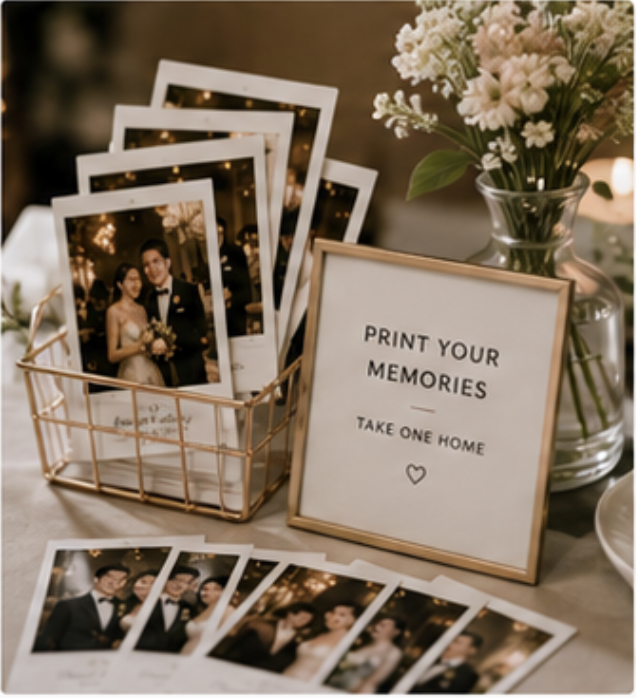 Personalised wedding photo prints displayed for guests to take home by Julius Ng Photography