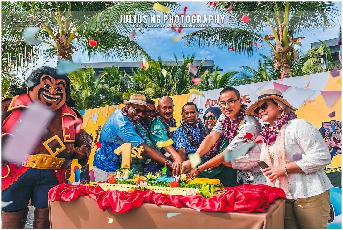 Anniversary cake-cutting ceremony during Adventure Waterpark Desaru Coast's 1st Anniversary event.