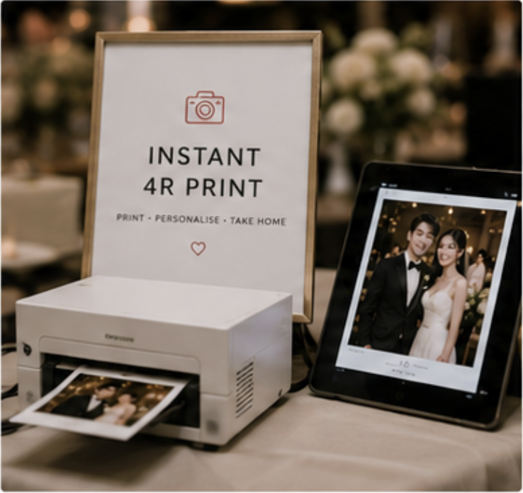 On-site instant photo printing setup for a wedding reception