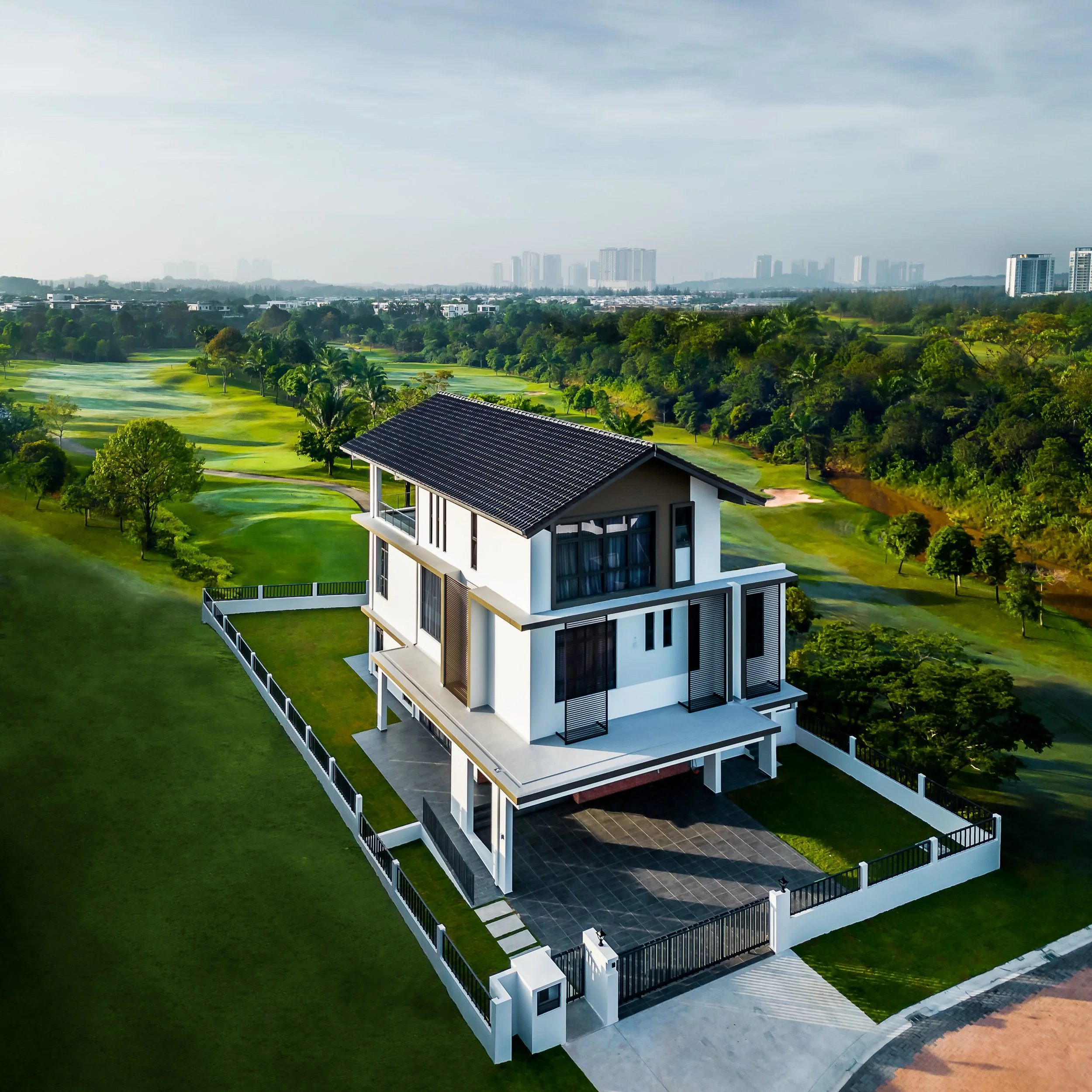 Aerial view of a three-storey bungalow at Horizon Hills in Johor Bahru