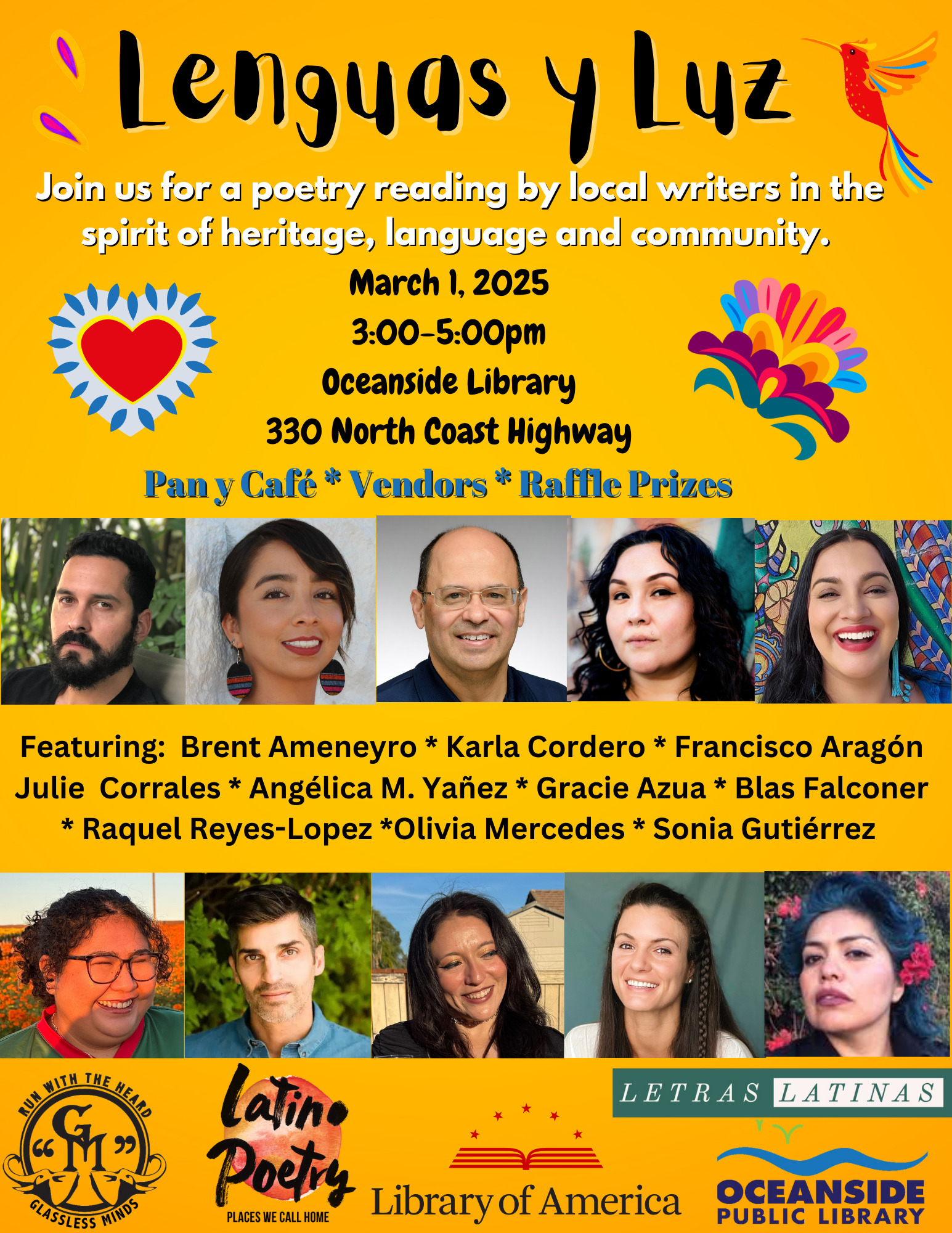 Flyer for 'Lenguas y Luz,' a poetry event with photos of diverse speakers, event details including date, time, location, and featuring various Latino writers, with logos of Ocean Side Public Library and Library of America, and colorful decorative elements.