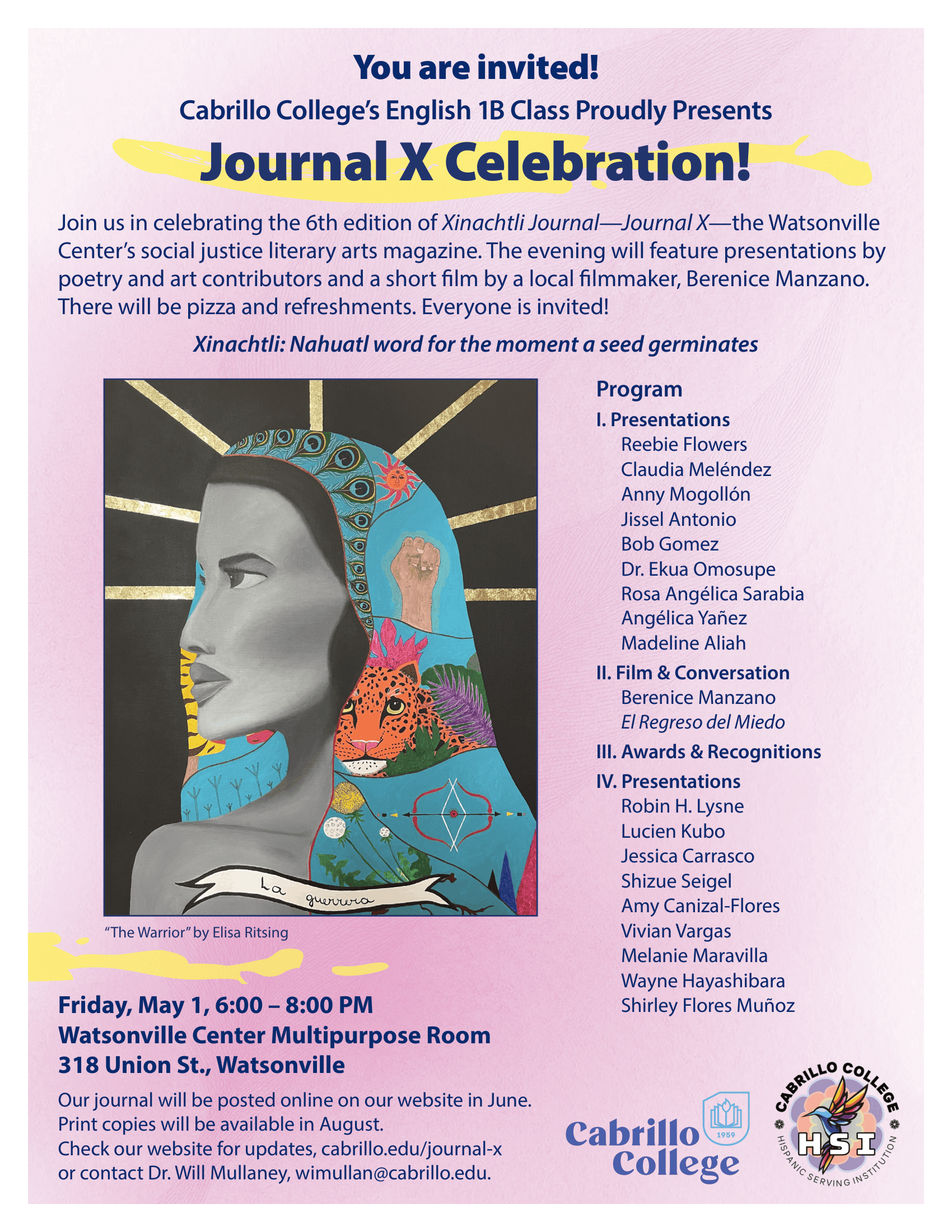 Invitation to Cabrillo College's English 1B class journal celebration event, including details about the date, time, location, and featured artwork titled 'The Warrior' by Elisa Ritsing, with a colorful illustration of a woman with a jaguar, bird, and other symbols on her face and body.