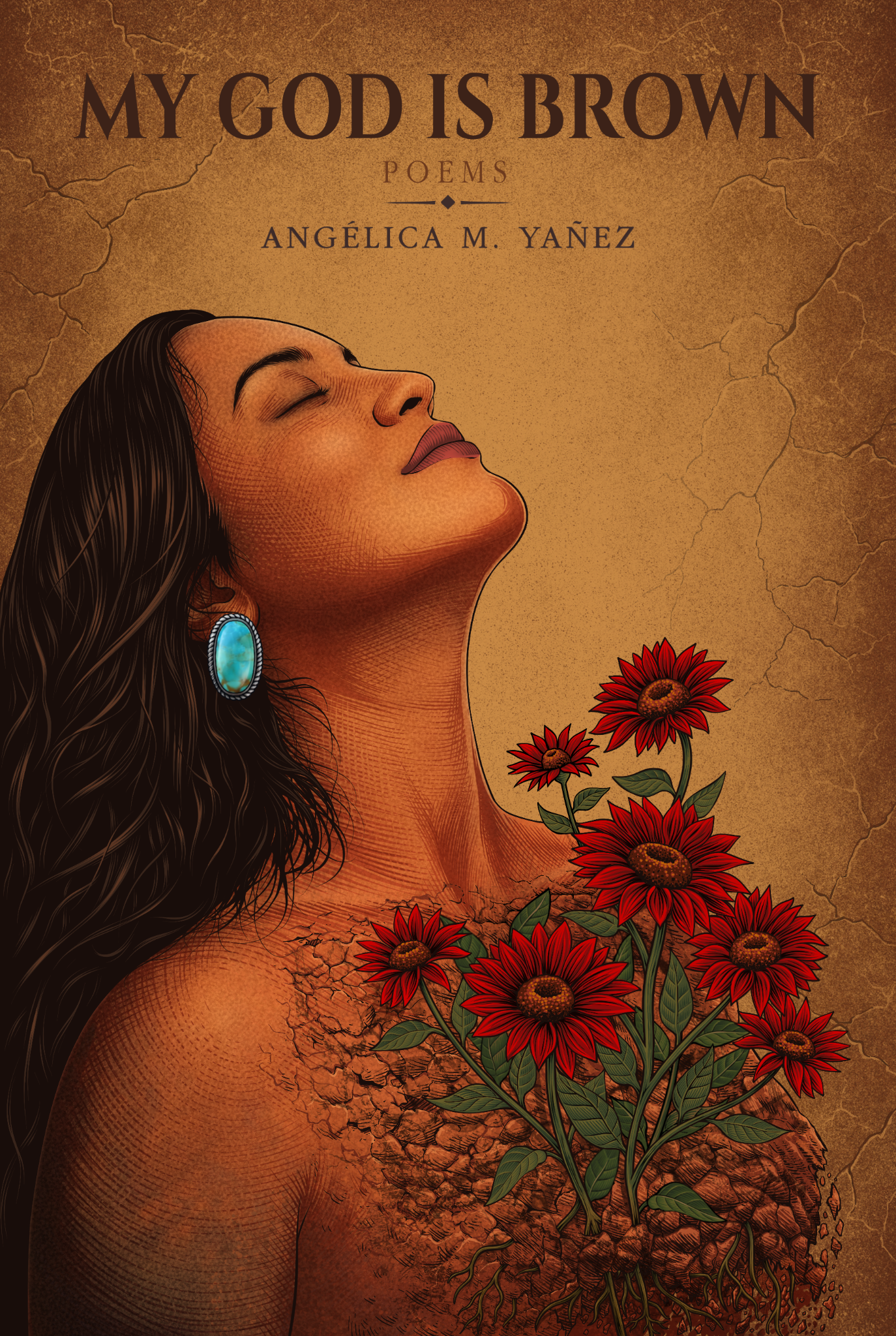 Book cover titled 'My God is Brown' featuring an illustrated woman with long dark hair, closed eyes, large turquoise earring, and red flowers on her chest, with a cracked earth background.