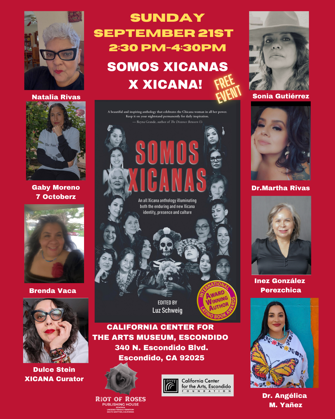 Event poster announcing 'Somos Xicanas X Xicana!', a free event celebrating Xicana identity, culture, and strength, scheduled for Sunday, September 21st, from 2:30 to 4:30 PM at the California Center for the Arts Museum in Escondido, California. The poster includes photos of featured women speakers, authors, and community leaders, including Natalia Rivas, Sonia Gutiérrez, Gaby Moreno, Dr. Martha Rivas, Brenda Vaca, Inez González Perezchica, Dulce Stein, and Dr. Angélica M. Yañez.