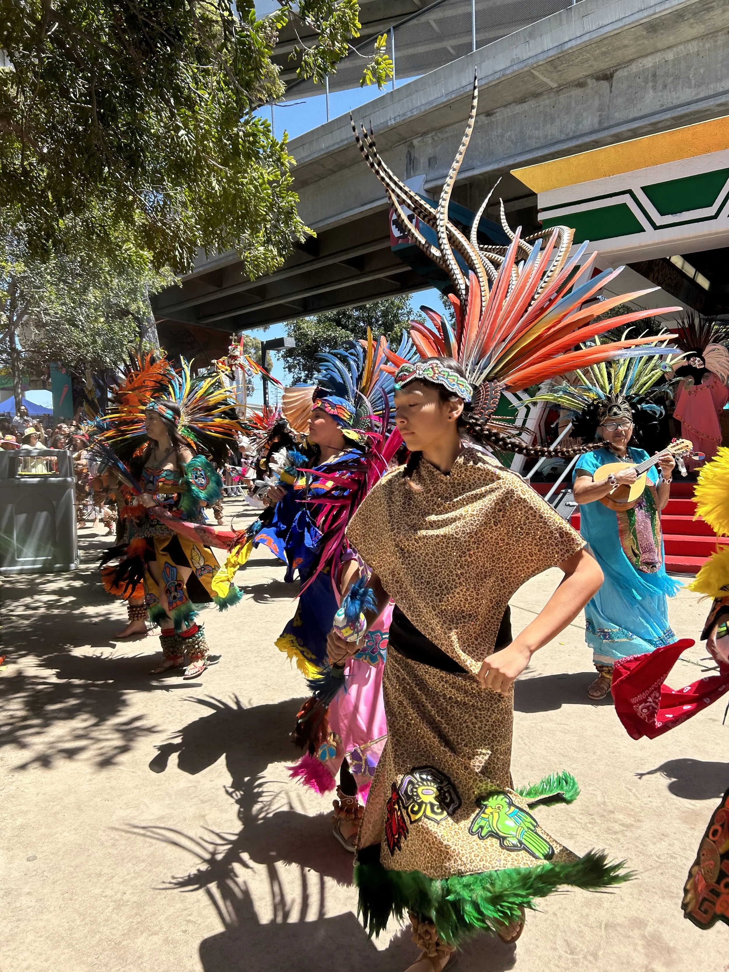 A group of people dressed in colorful traditional indigenous costumes are performing a dance at a cultural festival, with some playing musical instruments and others dancing.