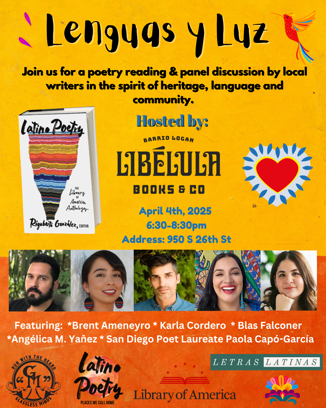 Flyer for event titled 'Lenguas y Luz' featuring a poetry reading and panel discussion by local writers, hosted by Barrio Logan Libélula Books & Co on April 4th, 2025 from 6:30 to 8:30 pm at 950 S 26th Street. Includes images of five speakers and a book cover titled 'Latino Poetry'