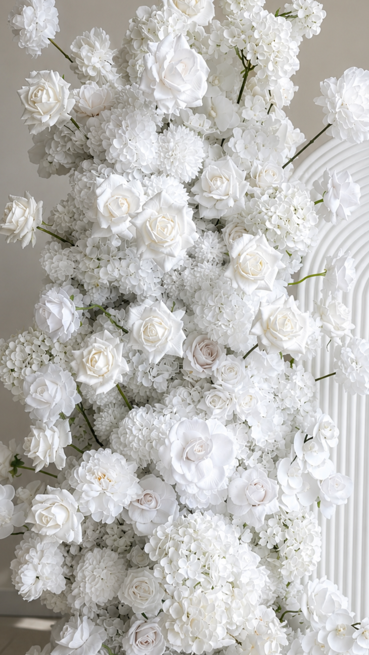 A large arrangement of white flowers, including roses, hydrangeas, and peonies, with a decorative white arch in the background.