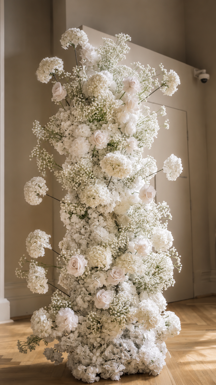 Tall floral arrangement of white flowers including roses, hydrangeas, and baby's breath in a room with wooden floor and neutral walls.